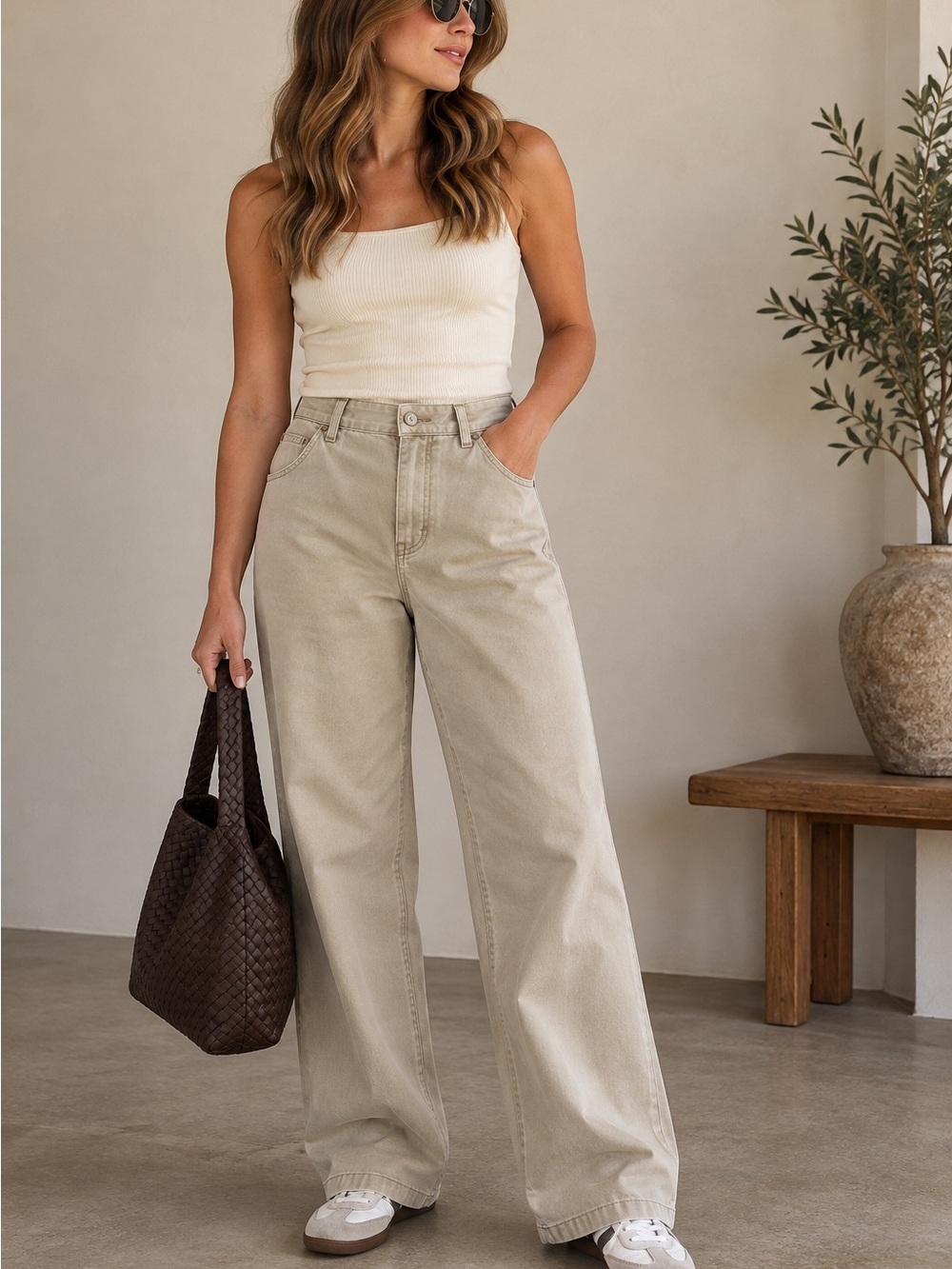High-Waist Wide Leg Pants in Light Taupe